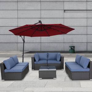7-Piece Modular Outdoor Sectional Wicker Patio Furniture Conversation Sofa Set (Black Frame & Blue Cushion)
