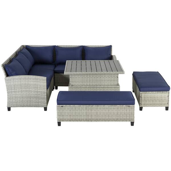 Unbranded Gray 6-Piece Wicker Outdoor Patio Conversation Set Sectional Set with Blue Cushions