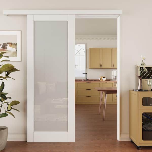 ARK DESIGN 30 in. x 80 in. Hidden Track Style 1 Lite Frosted Glass White Primed MDF Sliding Barn Door with Hardware Kit
