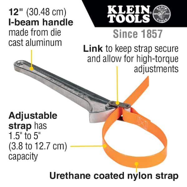 Klein Tools 1-1/2 in. to 5 in., 12 in. Grip-It Strap Wrench, Handle S12HB -  The Home Depot