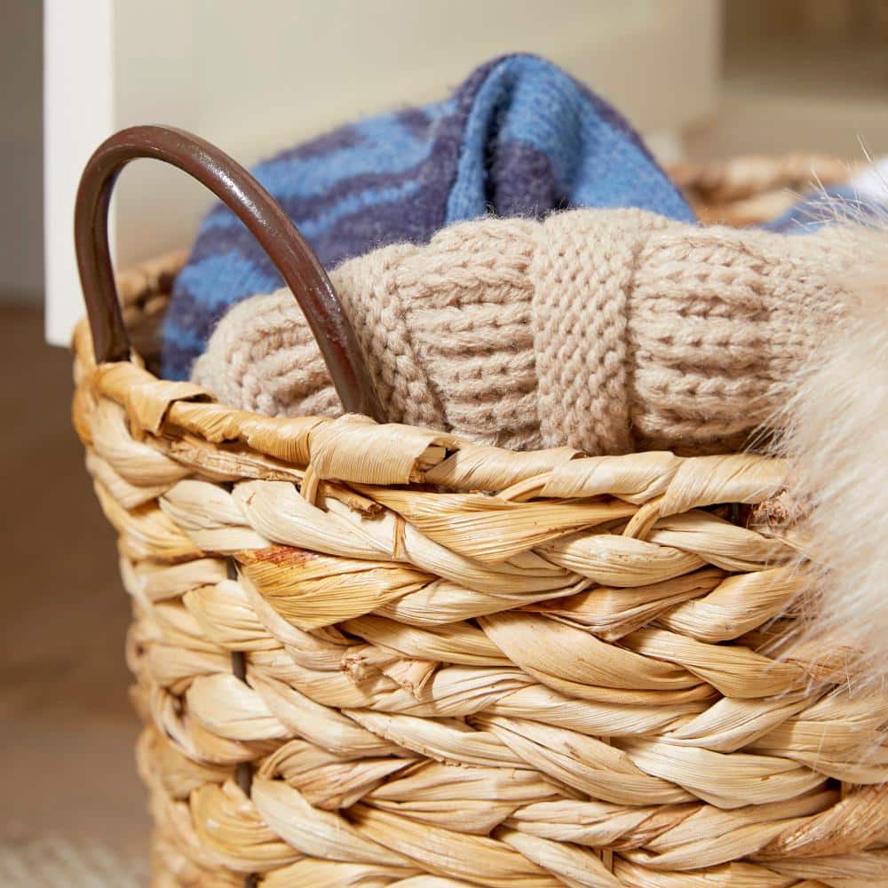 Brown Seagrass Oval Storage Baskets with Metal Handles, Set of 3