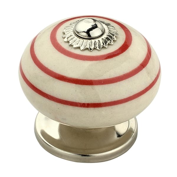 Ringed 1-3/5 in. (41 mm) Red and Cream Cabinet Knob