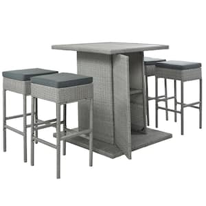 5-Piece Gray Wicker Square Outdoor Dining Table Set with Double Storage and Gray Cushions