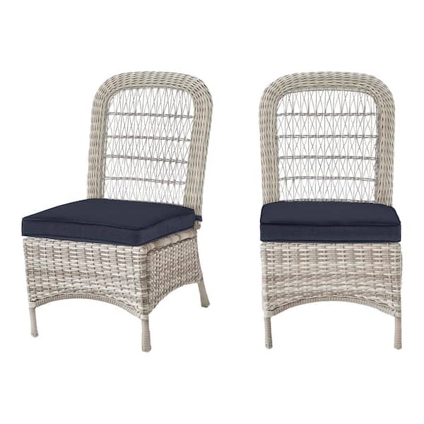 Hampton Bay Beacon Park Gray Wicker Outdoor Patio Armless Dining Chair with CushionGuard Midnight Navy Cushions (2-Pack)