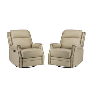 Leonhard Beige Transitional Electric Genuine Leather Rocking Recliner Nursery Chair Set with Nailhead Trims Set of 2