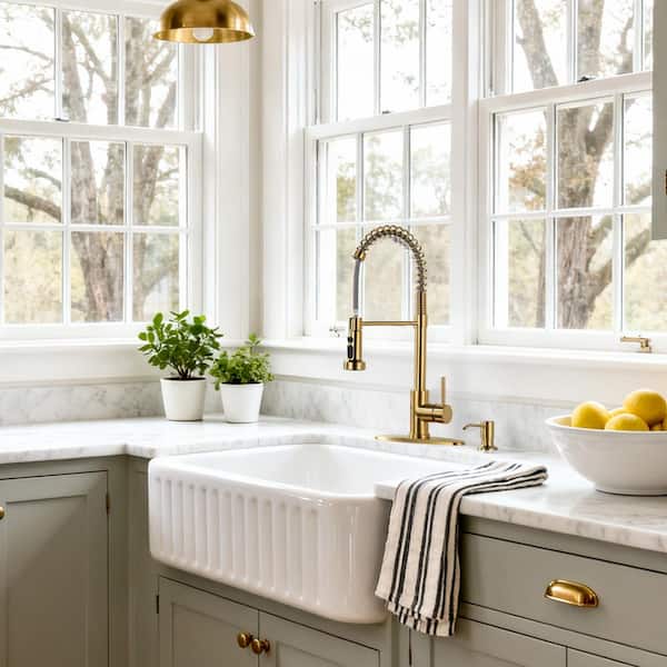 Brushed Gold 19 in. Single-Handle Spring Neck Pull Down Sprayer Kitchen Faucet with 360° Swivel and Soap Despenser