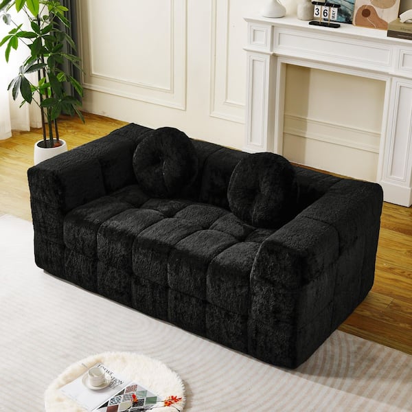 66.5 in Straight Arm Lychee-textured Long-pile Polyester Fabric Rectangle Boneless Sofa in Black with Two Pillows