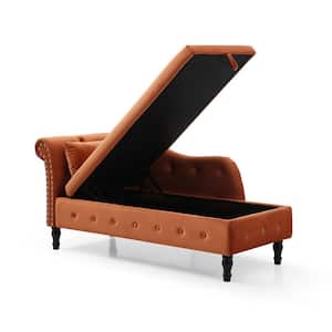 60 in. W Orange Velvet Storage Chaise Lounge with 1 Pillow
