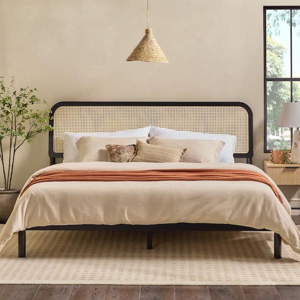Walker Edison Furniture Company Modern Black Wood Frame King Platform Bed with Rattan Headboard