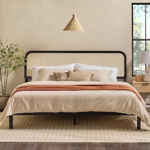 Modern Black Wood Frame King Platform Bed with Rattan Headboard