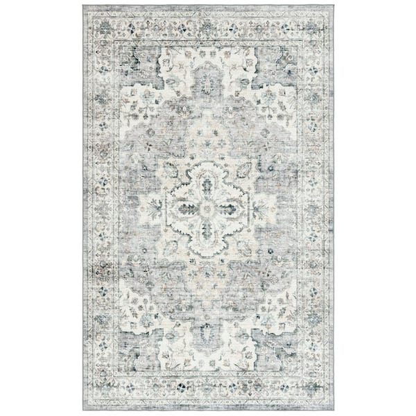 SAFAVIEH Arizona Light Gray/Beige 3 ft. x 5 ft. Distressed Border Ornate Machine Washable Area Rug