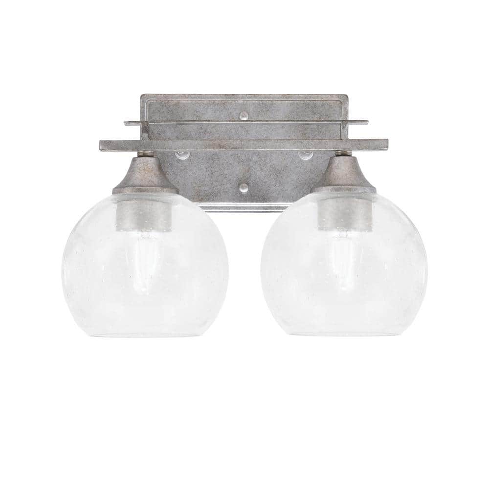 Ontario 13 in. 2-Light Vanity Light Aged Silver 5 Clear Bubble Glass Shade