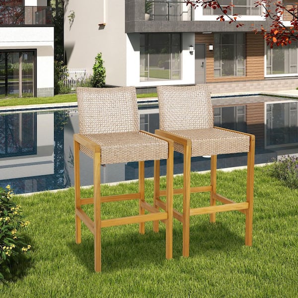 ANGELES HOME Acacia Wood Patio Outdoor Bar Stool Dining Chair with PE Rattan Backrest (2-Pack)