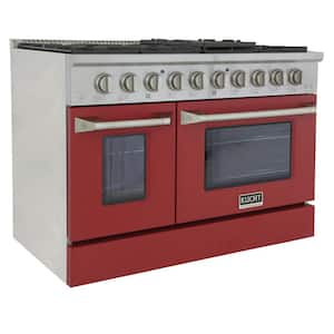 Pro-Style 48 in. 6.7 cu. ft. Double Oven Natural Gas Range with 8 Burners in Stainless Steel and Red Oven Doors