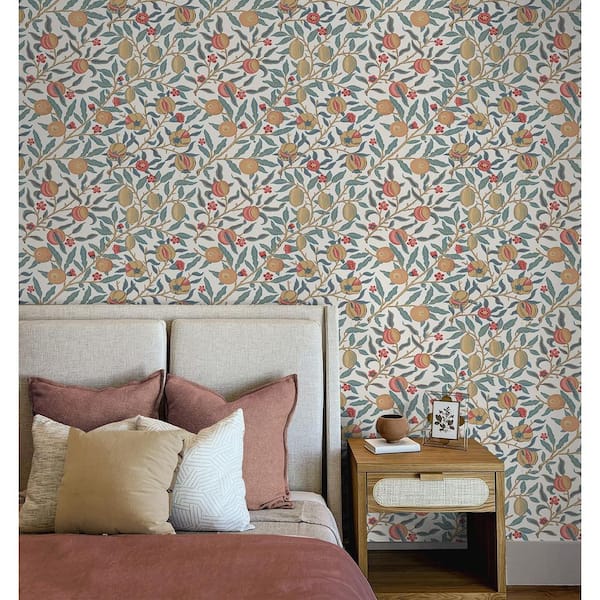 31.35 sq. ft. Moonstone Blue and Light Ochre Pomegranate Vinyl Peel and Stick Wallpaper Roll