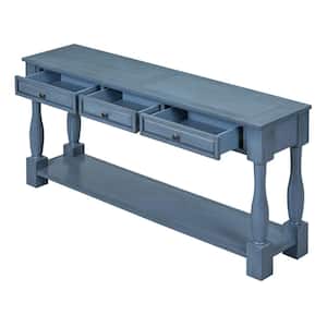 63 in. Navy Blue Rectangle Wood Top Console Table with 3-Drawers and Bottom Shelf