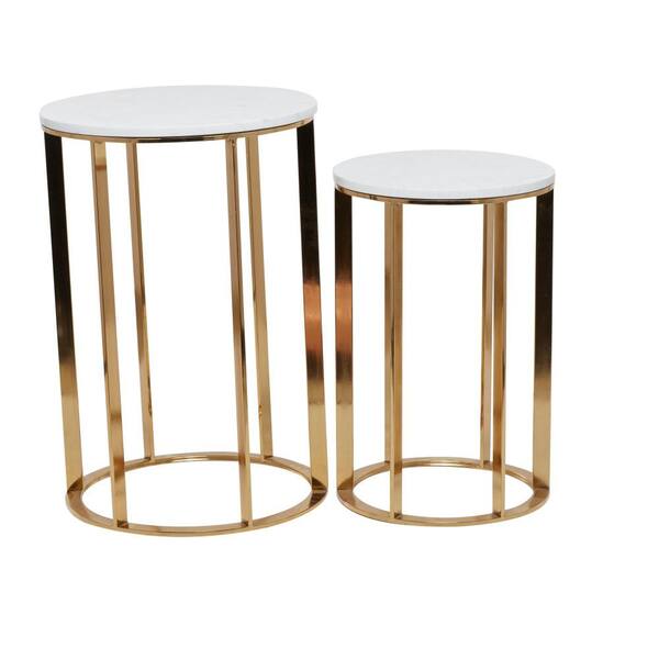 Litton Lane 16 in. Gold Large Round Marble End Accent Table with Marble Top (2 Pieces) 040318