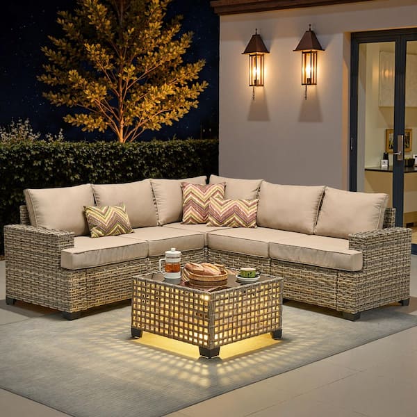 Ulrica 6-Piece Wicker Outdoor Sectional Set with Biege Cushions