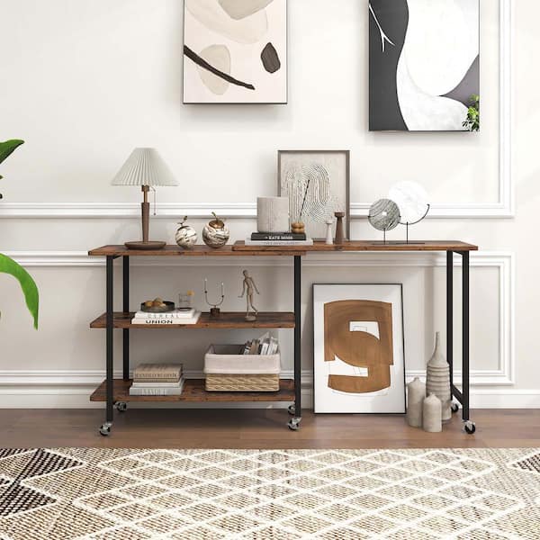 Costway 35.5 in. Rustic Brown L-shaped Wood 360° Rotatable Sofa Side Table Laptop Desk Snack Table w/2-Tier Shelf