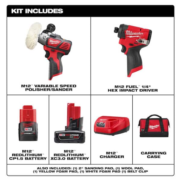 M12 12V Lithium-Ion Cordless Variable Speed Polisher/Sander Kit W/Impact Driver, Batteries, Accessories, Charger & Bag