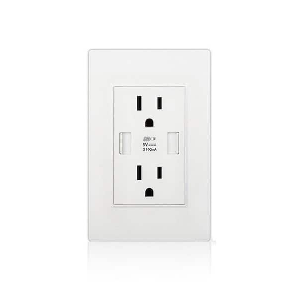 TruePower Electrical Duplex Outlet Receptacle with 2 USB Ports, White (6-Pack)