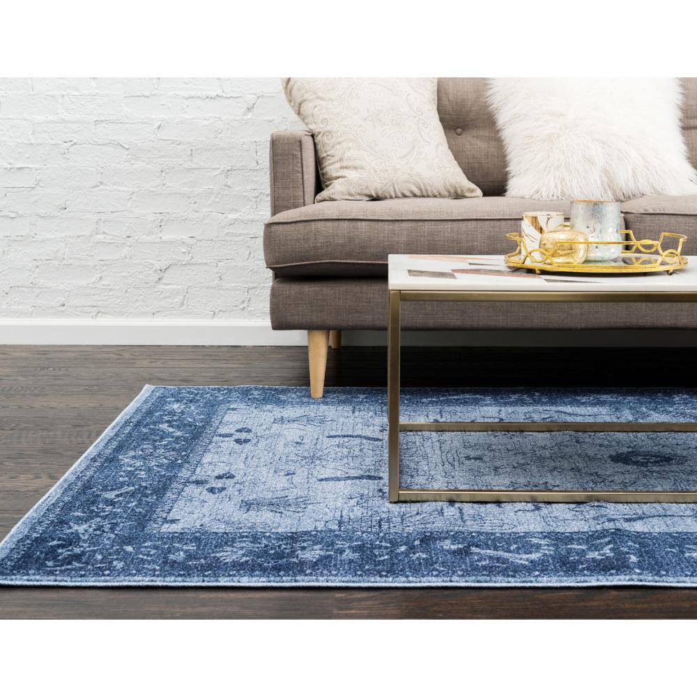 Serene Deep Blue Floral Indoor Rectangular Rug