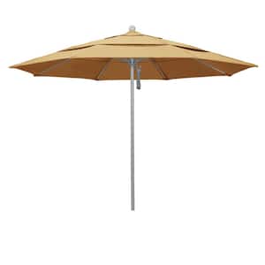 11 ft. Gray Woodgrain Aluminum Commercial Market Patio Umbrella Fiberglass Ribs and Pulley Lift in Wheat Sunbrella