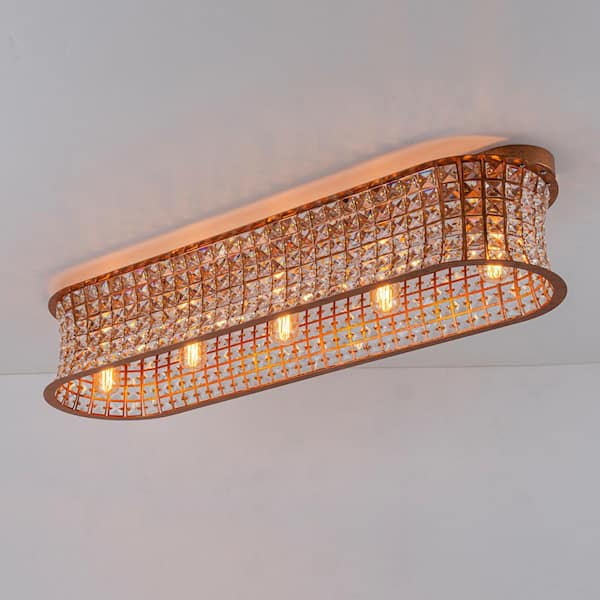 Elara 35 in. 5-Light Vintage Antique Brass Rectangle Crystal Flush Mount Ceiling Light Fixture