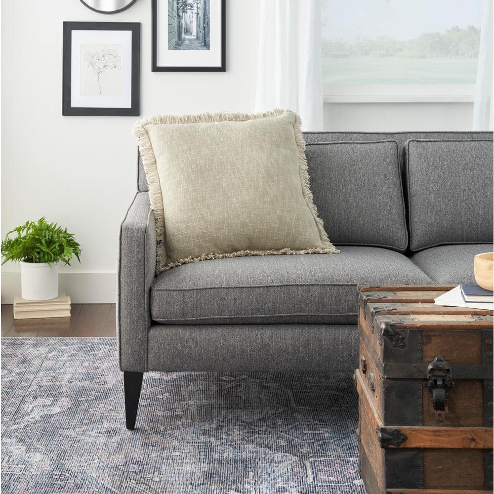 Taupe Stonewash Cotton Throw Pillow with Fringe Edges, 22" x 22"