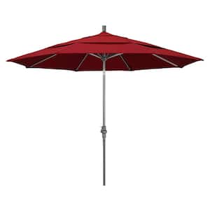 11 ft. Hammertone Grey Aluminum Market Patio Umbrella with Crank Lift in Red Pacifica