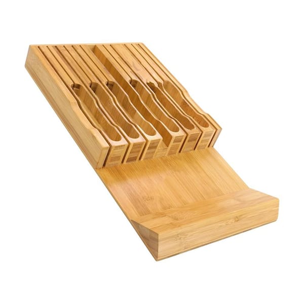 Bamboo Knife Drawer Organizer with Insert, 12-Knife and Sharpener Slot for Kitchen Drawer Organizing (1-Pack)
