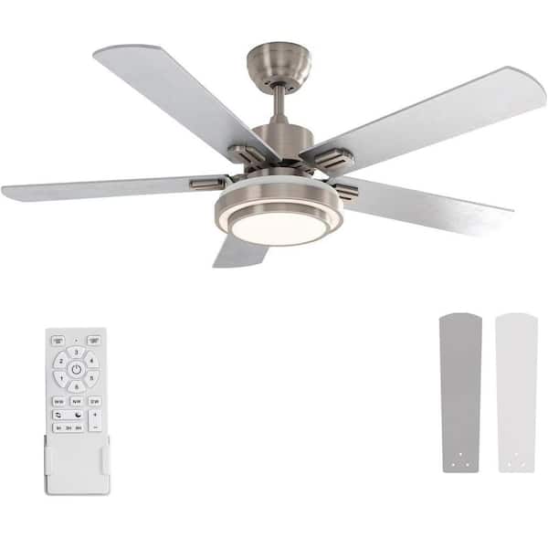 52 in. Indoor Integrated LED Ceiling Fan 5-Blades Brushed Nickel with Remote Control and DC Reversible Motor Included
