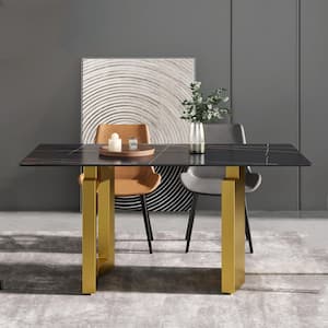 63 in. Sintered Stone Black Rectangle Top Double Pedestal 2-Gold Metal Base Dining Table (Seats-6)