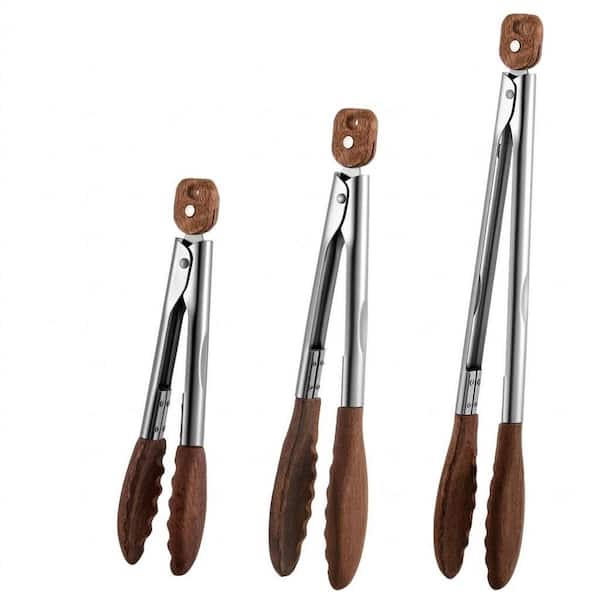 Walnut Finish 3 -Piece Wooden Cooking Tongs Set with Stainless Steel Locking Tip for Grilling and Salad Serving