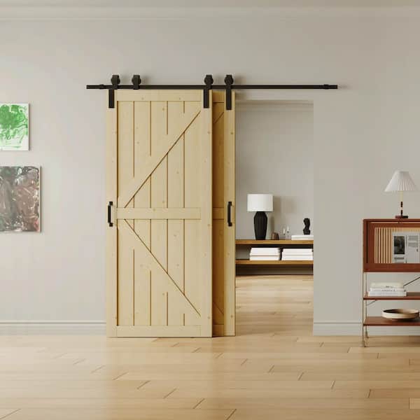 72 in. x 84 in. Light Brown Painted Water Proof and MDF Double K-Shaped Sliding Barn Door with Hardware Kit