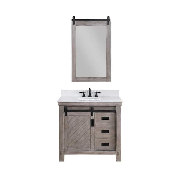 ROSWELL Cortes 36 in. W x 22 in. D x 33.9 in. H Single Sink Bath Vanity in Classical Grey with White Composite Top and Mirror