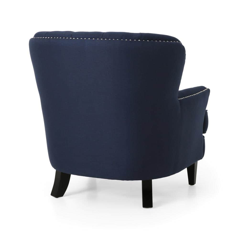 Dark Brown and Blue Handcrafted Wood Club Chair with Flared Arms