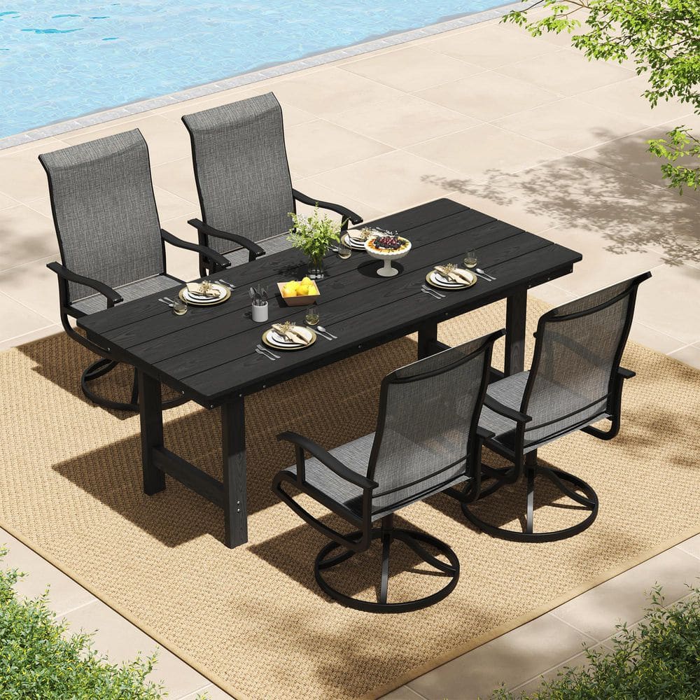 5-Piece Plastic Rectangular Outdoor Dining Set, HDPE Patio Table with Umbrella Hole and 4 Swivel Patio Chairs for Lawn