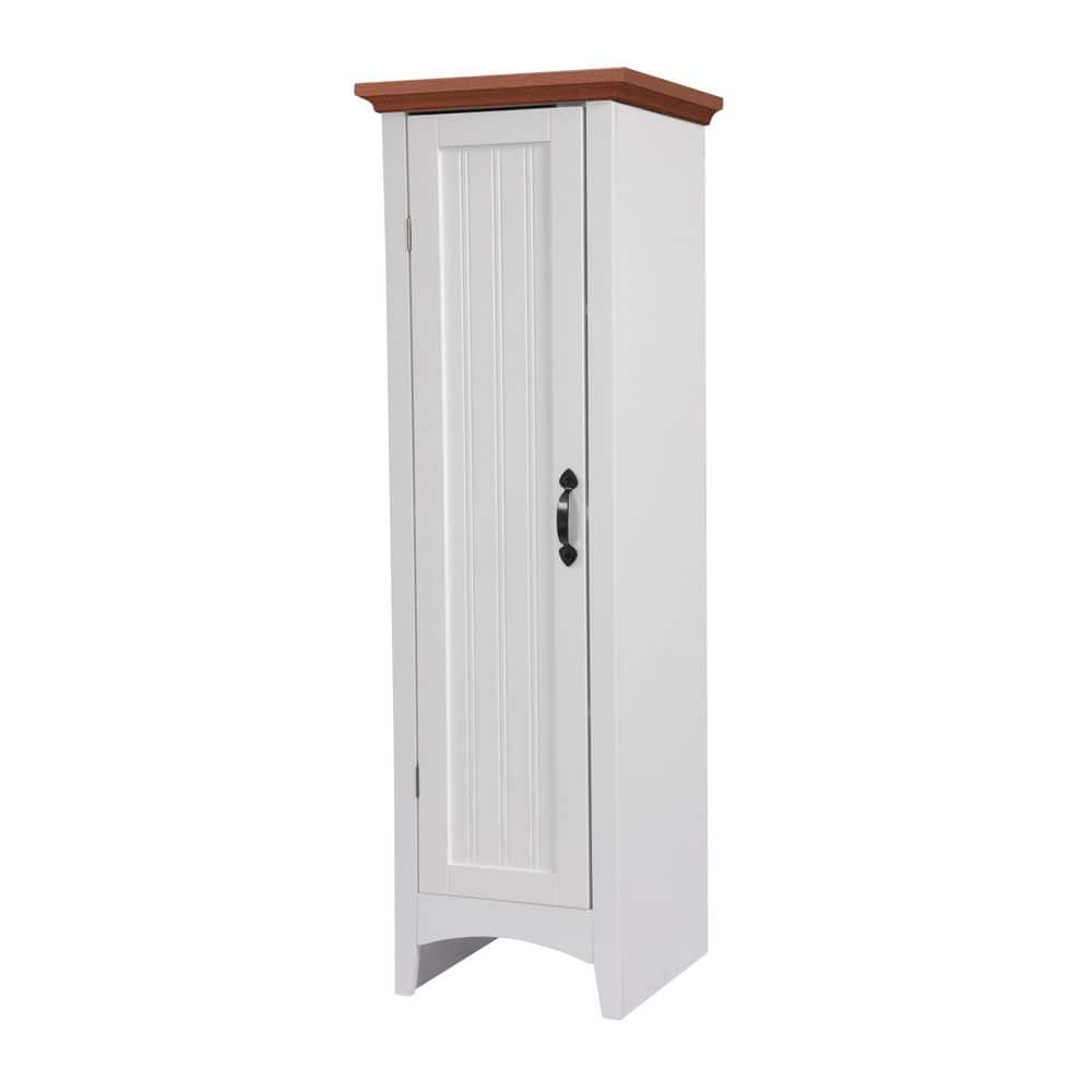 White Freestanding Pantry with Adjustable Shelving and Pine Top
