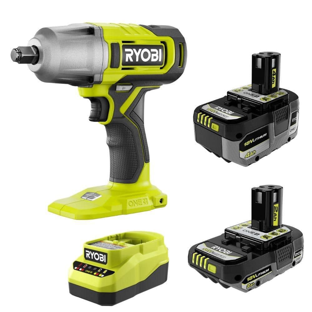 RYOBI ONE+ 18V Lithium Starter Kit w/ (1) 2.0 Ah Battery, (1) 4.0 Ah Battery & Charger w/ ONE+ 18V 1/2 in. Impact Wrench (PSK1212PCL265)