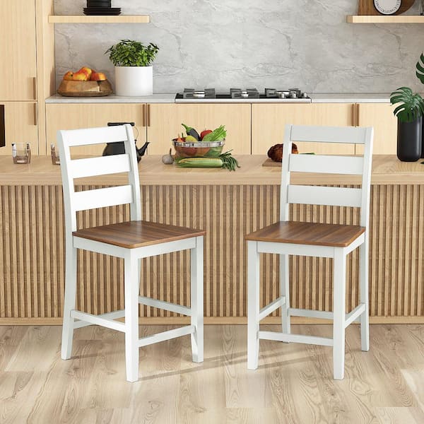 Gray and Walnut Rubber Wood Counter Height Chairs with Inclined Backrest Crossbars (Set of 2)