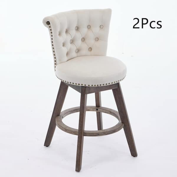 26" Counter Height Bar Stools Set of 2, Upholstered Velvet 360° Swivel Counter Stools for Patio Party, Beige