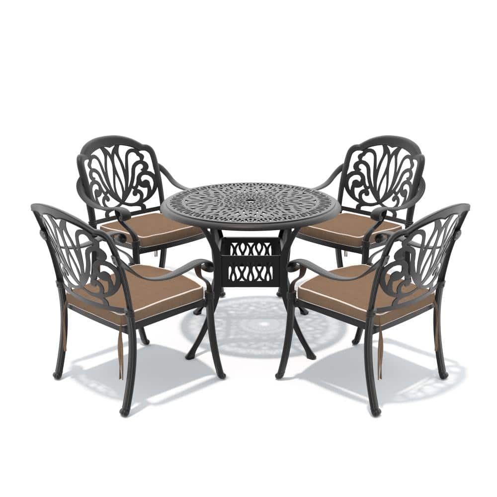 5-Piece Cast aluminum Patio Outdoor Dining Set with Round Table and Cast aluminum Chairs with Brown Cushions price history on PriceWatchPro