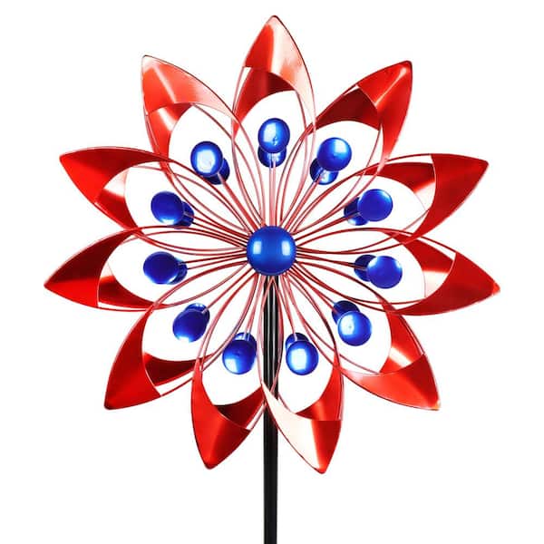 Exhart Double Windmill Kinetic Spinner 5.77 ft. Patriotic USA Metal Garden Stake