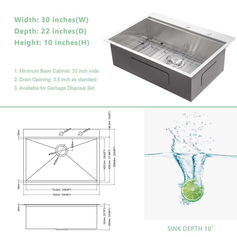 30" Stainless Steel Brushed Single Bowl Workstation Sink