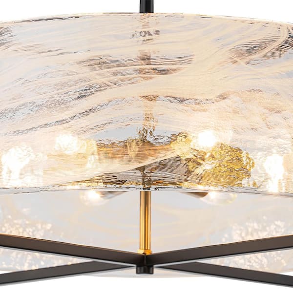 6-Light Black & Gold Finish Modern Farmhouse Drum Pendant Chandelier for Foyer with White Cloud Glass ,No Bulb Included