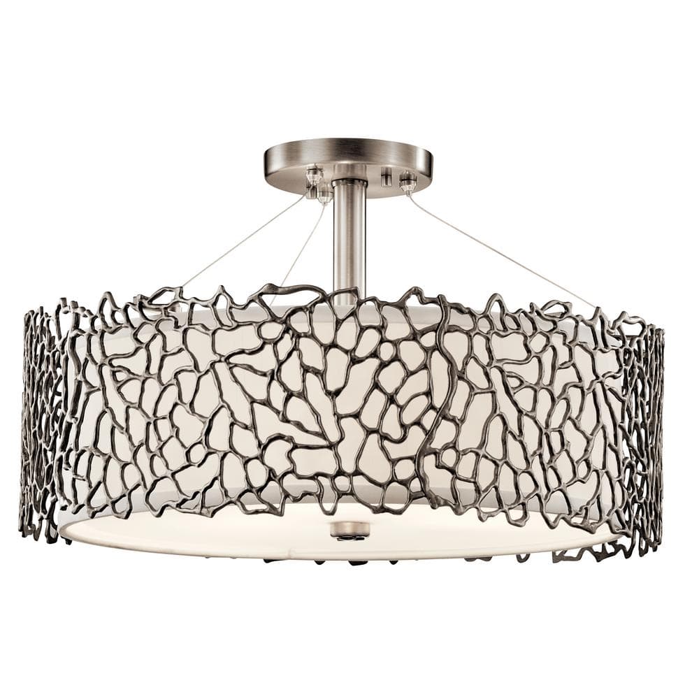 Classic Pewter 3-Light Coral Inspired Pendant with White Drum Shade