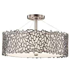 Silver Coral 3-Light Classic Pewter Transitional Shaded Kitchen Convertible Pendant Hanging Light to Semi-Flush