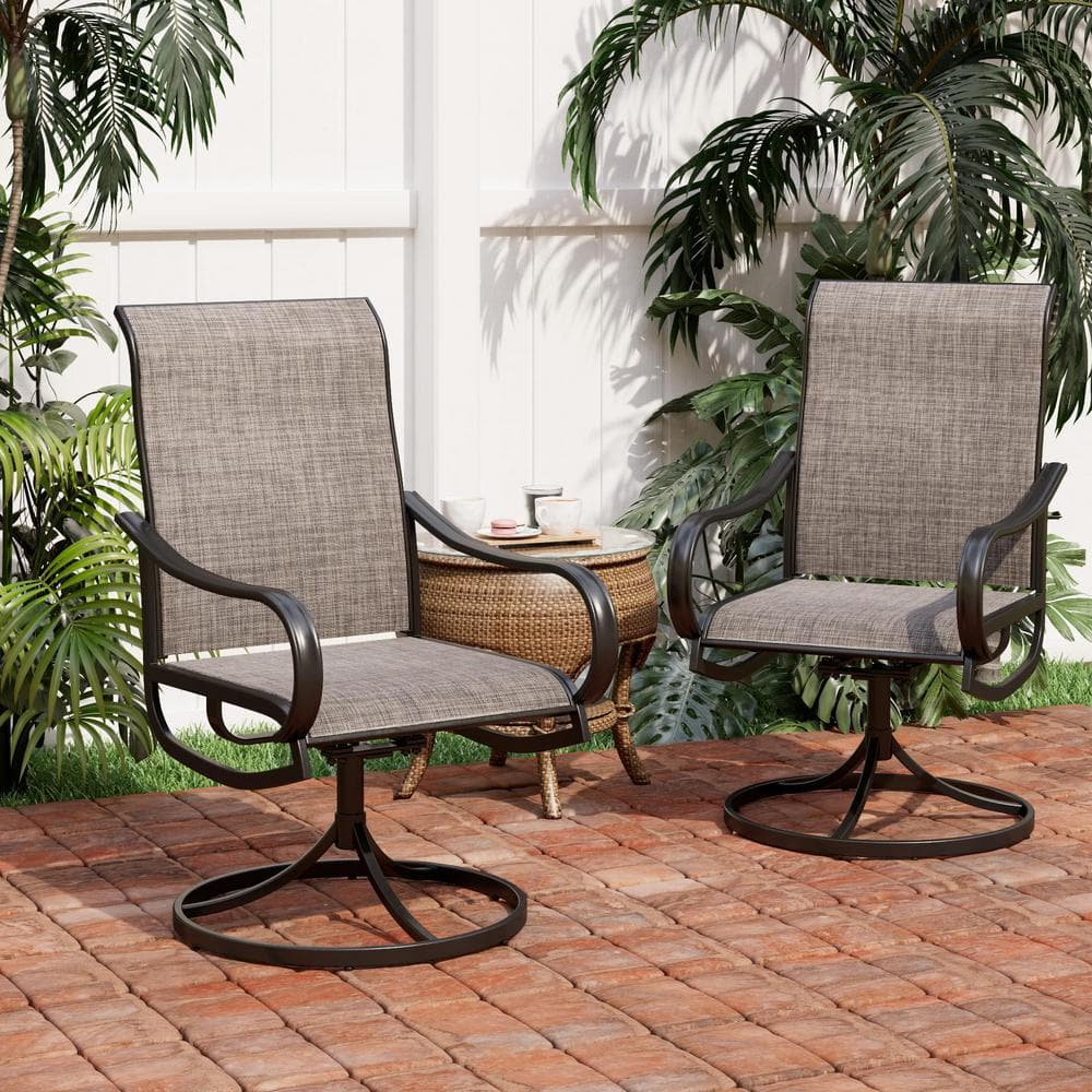 Swivel Metal Frame Outdoor Dining Chair in Brown, with High Back and Armres