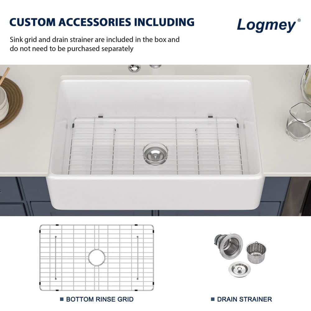 33'' White Ceramic Farmhouse Apron-Front Single Bowl Kitchen Sink
